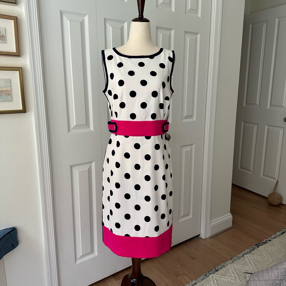 AGB Polka Dot Sheath Dress (Navy-Magenta-White) - Size 8